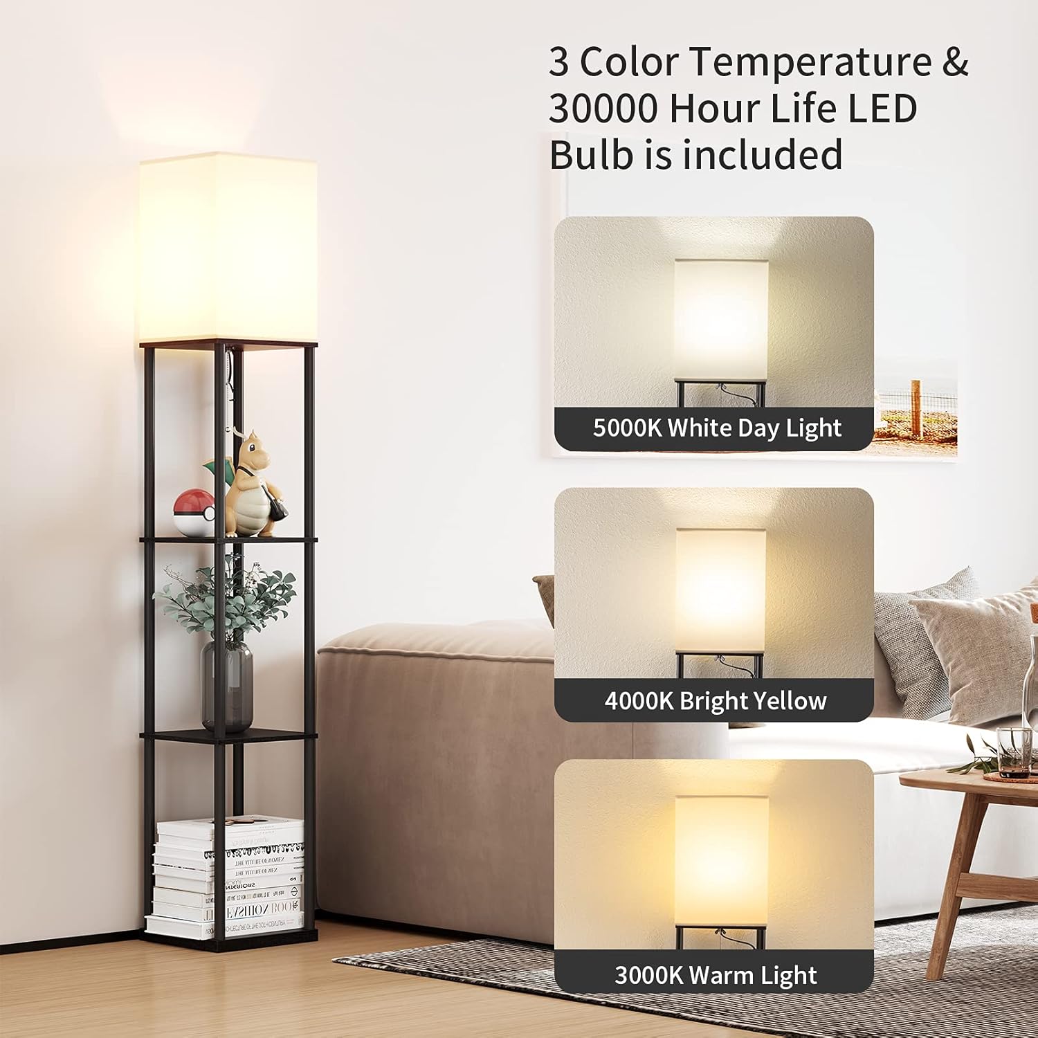 SUNMORY Floor Lamp with Shelves, Modern Square Standing Lamp with 3 Color Temperature Bulb, Corner Display Bookshelf Lamp for Living Room and Bedroom(Black)