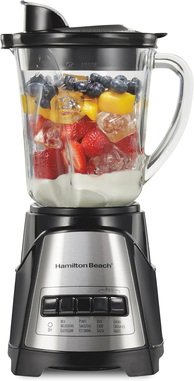 Hamilton Beach Power Elite Wave Action Blender For Smoothies, 40 Oz Glass Jar, 12 Functions Including Puree, Crush Ice, 700 Watts - Black (58148A)