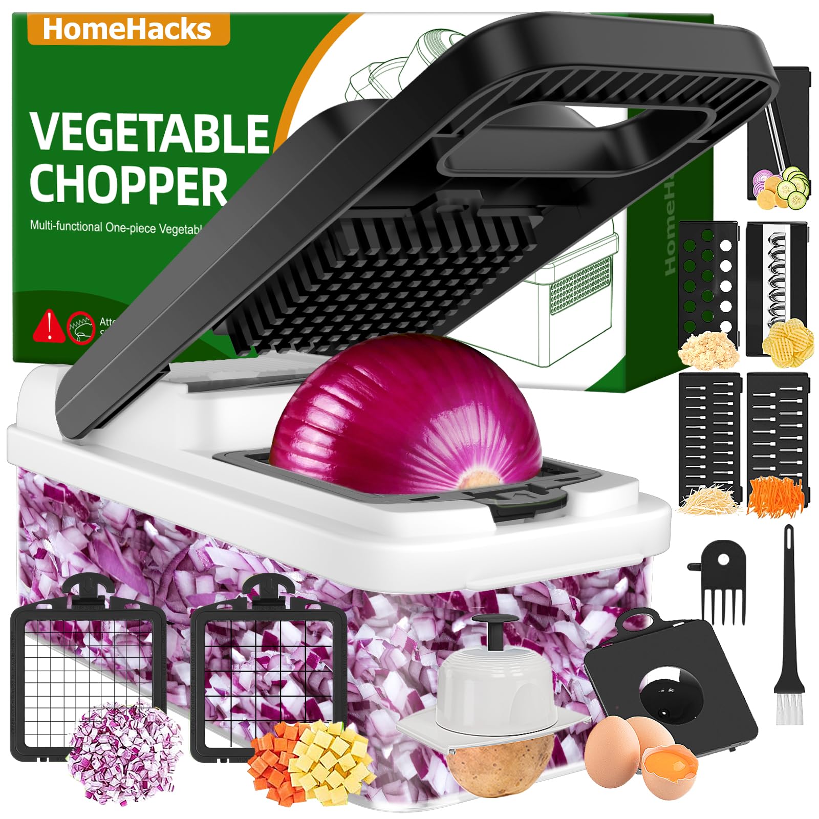 Vegetable Chopper, 12-in-1 Multi-Functional Vegetable Cutter Lid with Handle - with 7 Blades, Dicer, Slicer, Cutter, Julience, Cheese Grater - Kitchen Tools for Salad,Onion, Potato, and Carrot