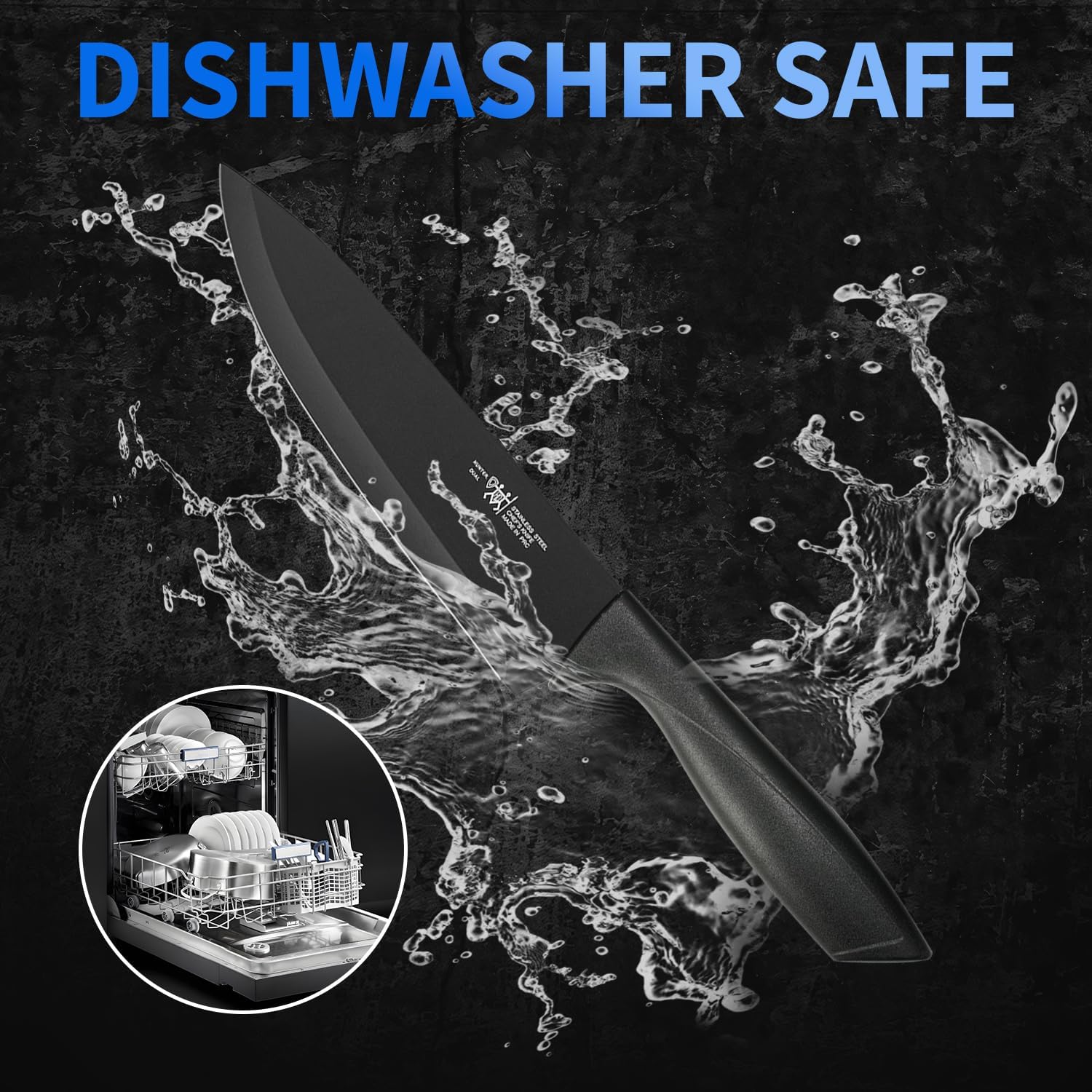 Knife Set, 8-Piece Kitchen Knife Set for Chef, Sharp Knife Set with Universal Knife Block, Anti-Rust Kitchen Knife Block Set, Ergonomical Design (Black)