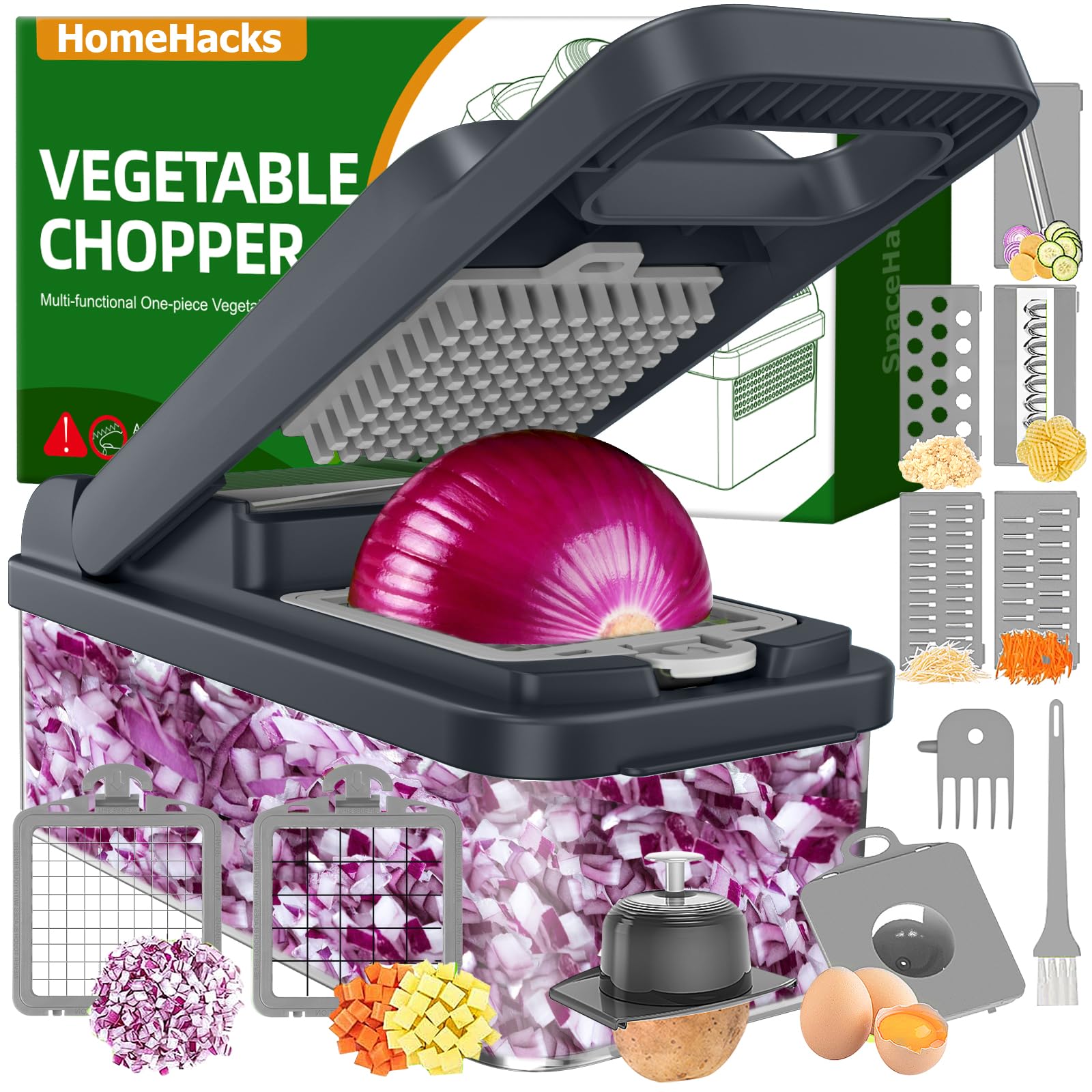 Vegetable Chopper, 12-in-1 Multi-Functional Vegetable Cutter Lid with Handle - with 7 Blades, Dicer, Slicer, Cutter, Julience, Cheese Grater - Kitchen Tools for Salad,Onion, Potato, and Carrot