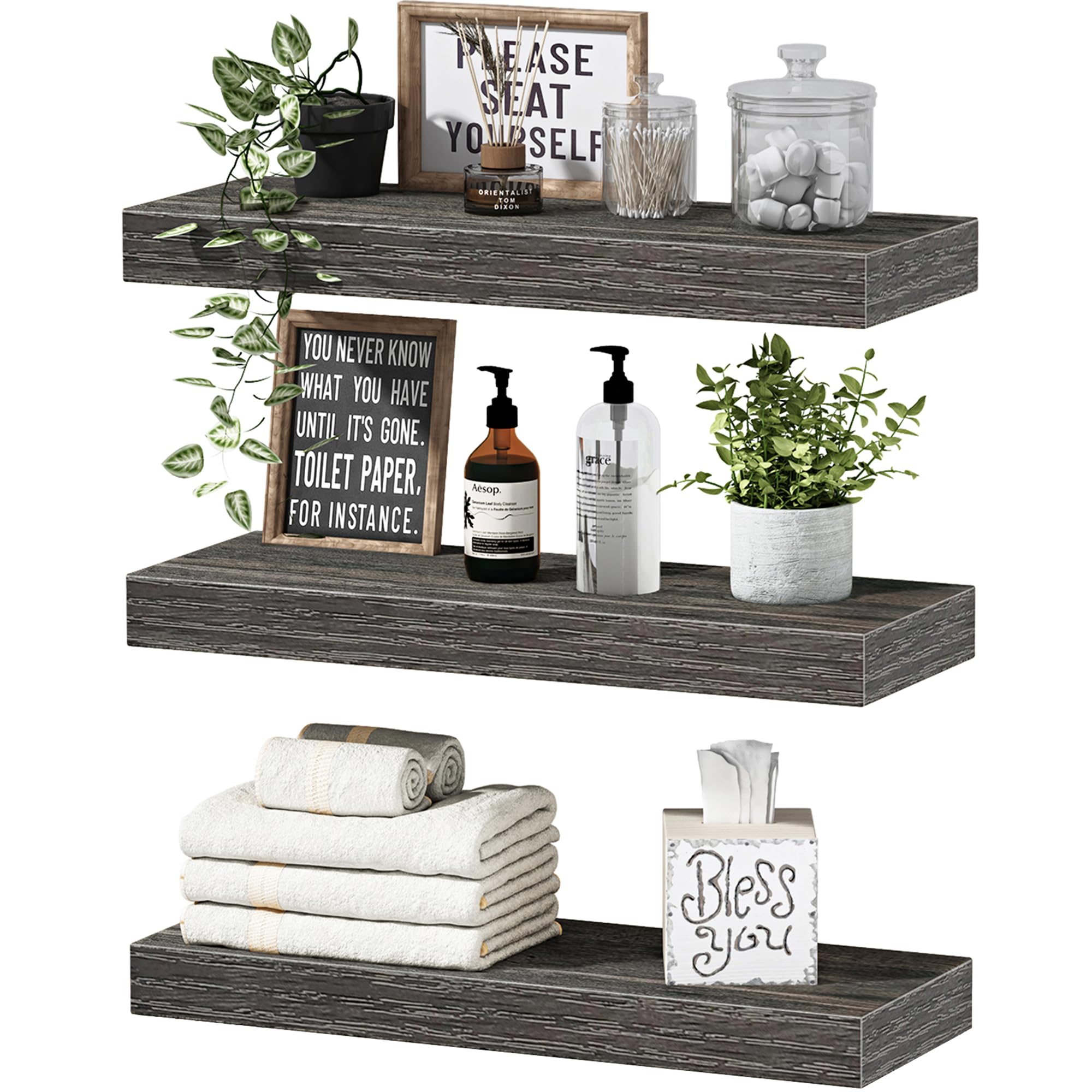 QEEIG Floating Shelves for Wall Bathroom Shelf Bedroom Kitchen Living Room Hanging Book Shelves Small Farmhouse Decor 16 inch Set of 3, Rustic Brown (015-BN3)