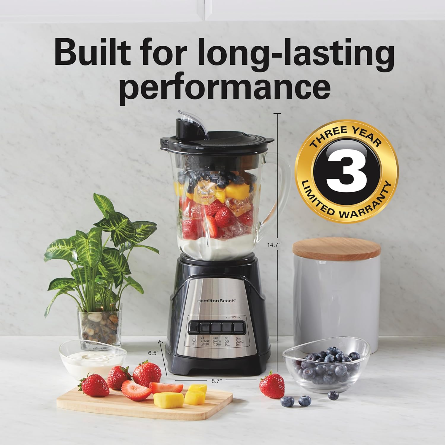 Hamilton Beach Power Elite Wave Action Blender For Smoothies, 40 Oz Glass Jar, 12 Functions Including Puree, Crush Ice, 700 Watts - Black (58148A)